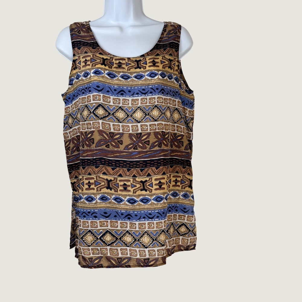 Stunt Womens Small Tank Top Brown‎ Blue Silk Geometric Tribal Scoop Neck